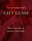 Gift guide cover with red ribbons and text on a red background