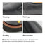 Collage of black leather item showing creasing, markings, scuffing, and discoloration.