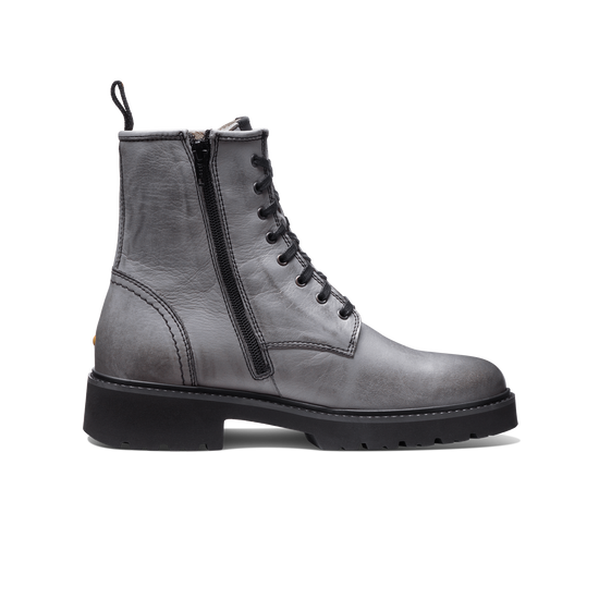 Lombard Women's Lace up Boot Gray Leather profile with zipper