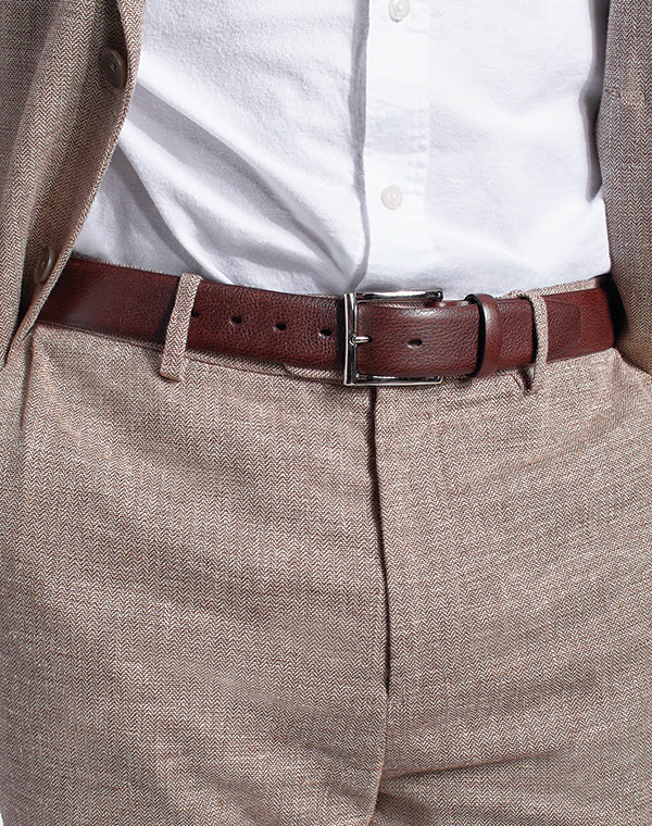 Men's Classic Belt in Cognac on model with twill suite.