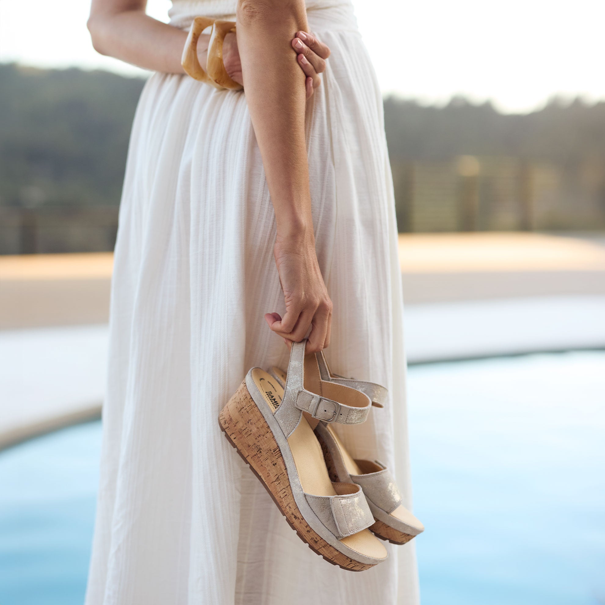 Women's Portola Two Strap Wedge | Champagne Metallic Suede Champagne Metallic Suede / Wide / 8 Women's Portola Two Strap Wedge | Champagne Metallic Suede Champagne Metallic Suede / Wide / 8