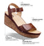 Brown wedge sandal with features highlighted on a white background