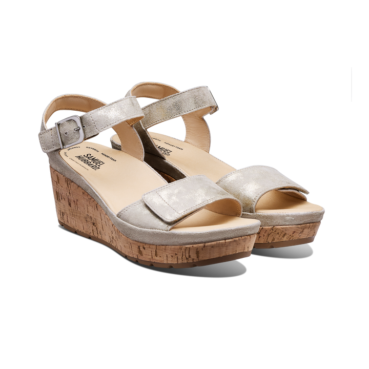 Women's Portola Two Strap Wedge | Champagne Metallic Suede – Samuel Hubbard