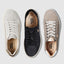 Three pairs of women's sneakers in white, black, and beige on a light gray background.