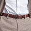 man wearing the classic leather belt in chocolate leather
