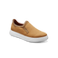 Tan slip-on sneaker with white sole on a white background