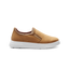 Tan slip-on sneaker with white sole on a white background